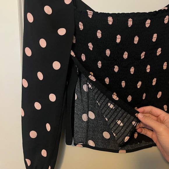 Reformation Black and Baby Pink Polka Dot Long Sleeve Blouse - Picture 4 of 8